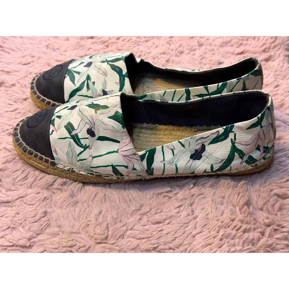 Tory Burch Floral‎ Leather Espadrilles Black Cap Toe Logo Flats Cream Green